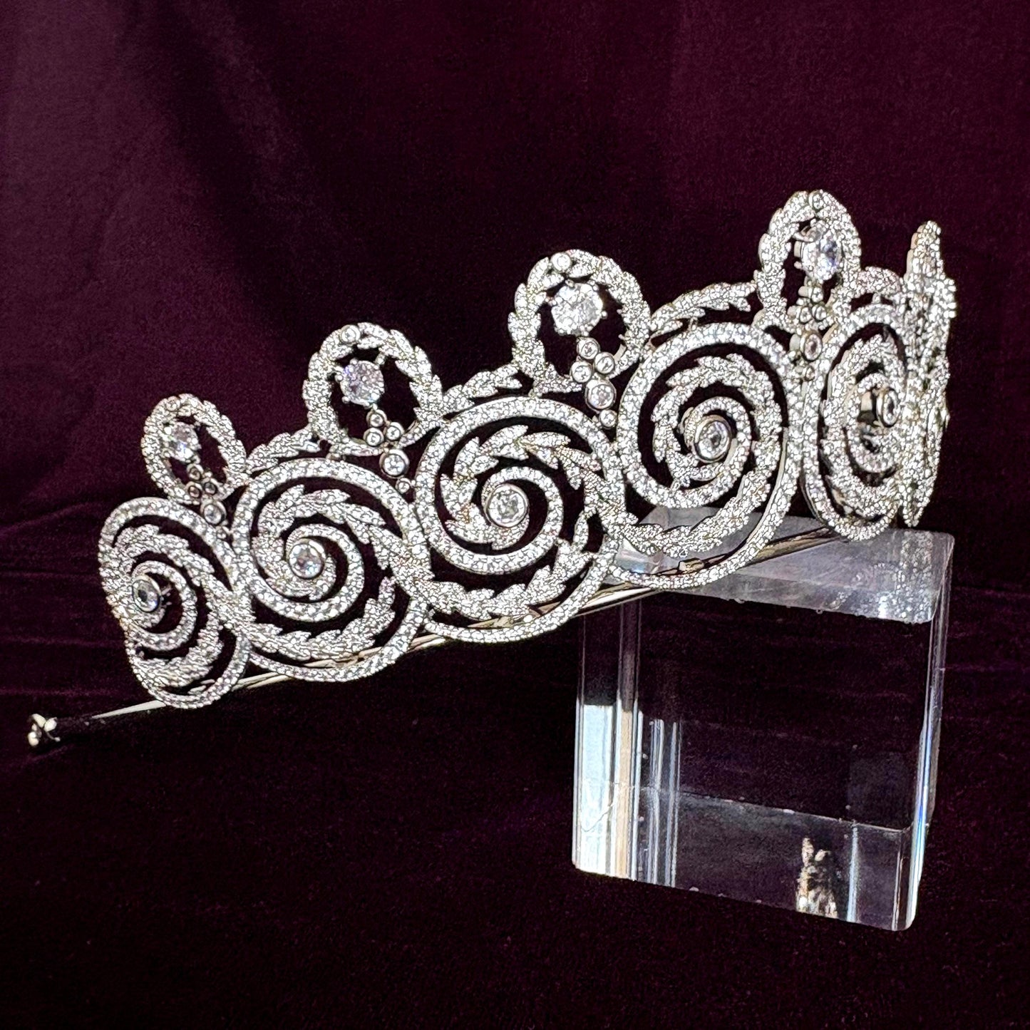 Art Nouveau Glamorous Silver Filigre Swirl Sprial Wedding Tiara for Bridal or Pageant Cubic Zirconia Handmade Regal Crown