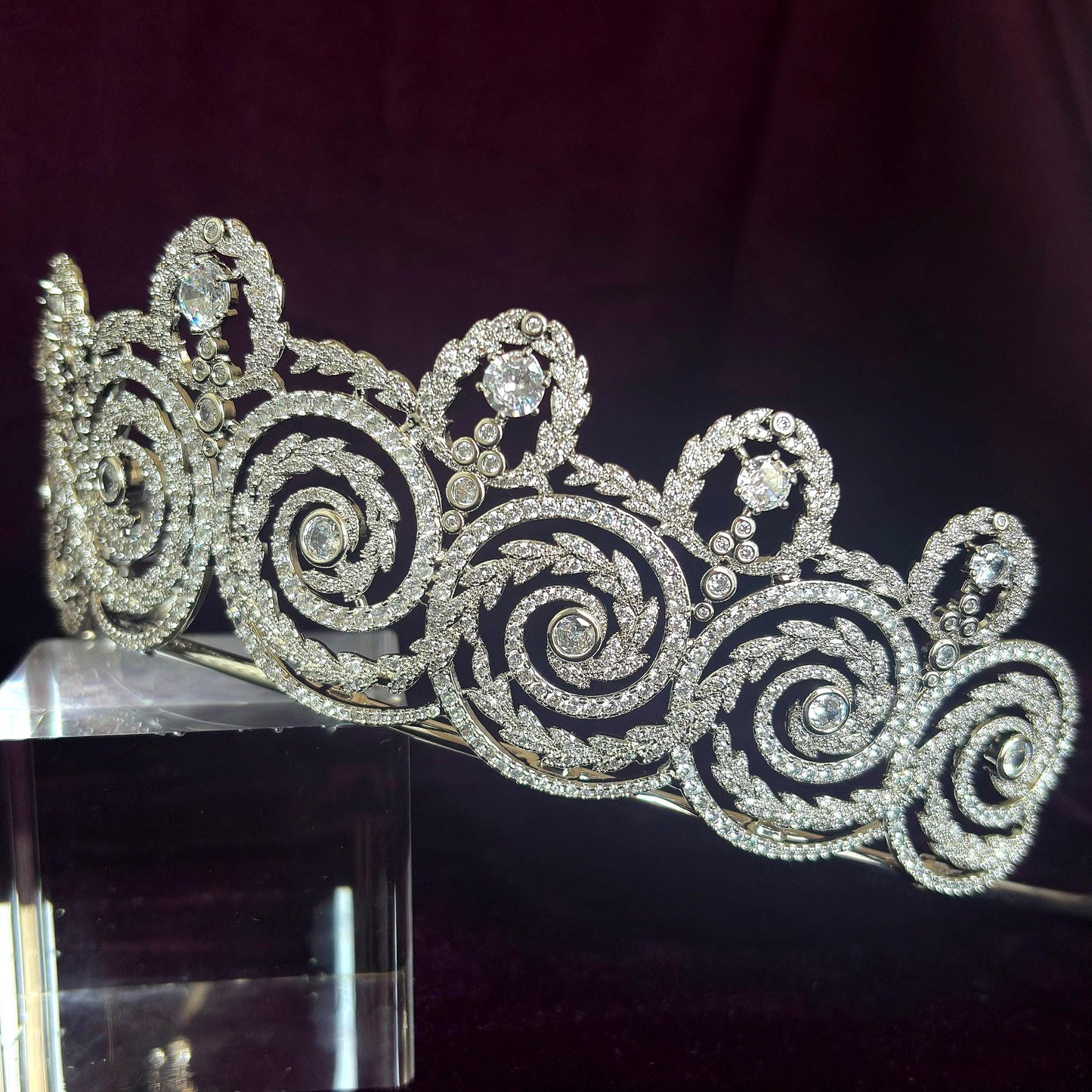 Art Nouveau Glamorous Silver Filigre Swirl Sprial Wedding Tiara for Bridal or Pageant Cubic Zirconia Handmade Regal Crown