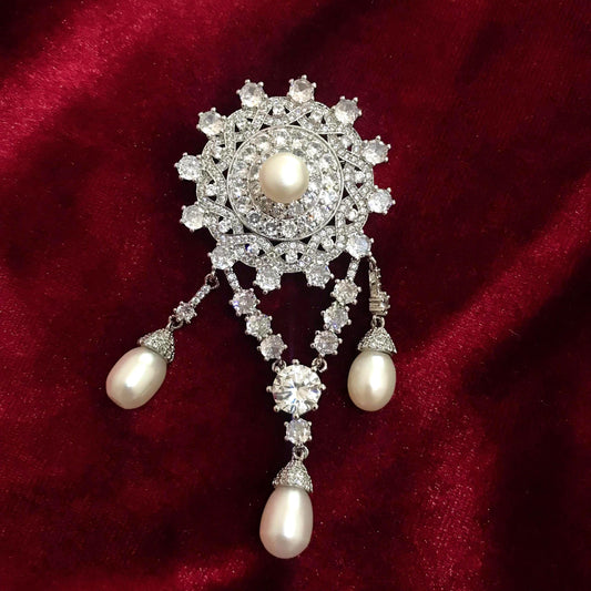 Victorian Edwardian Royal Style Drop Dangling Luxury Pearl Brooch Starburst Sunburst CZ Diamond Cluster Halo Pin Bridal Silver Vntg Clips