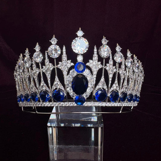 Something Blue Wedding Crown Sapphire Royal Deep Blue Silver Gemstone Statement High Bridal Tiara Large Prom Big Peagent Tiara Full Diadem