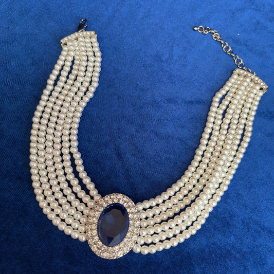 Something Blue Choker Cubic Zirconia Pearl Necklace 6 Strands Glass Pearl Choker Sapphire Royal Blue Event Prom Christmas Gift