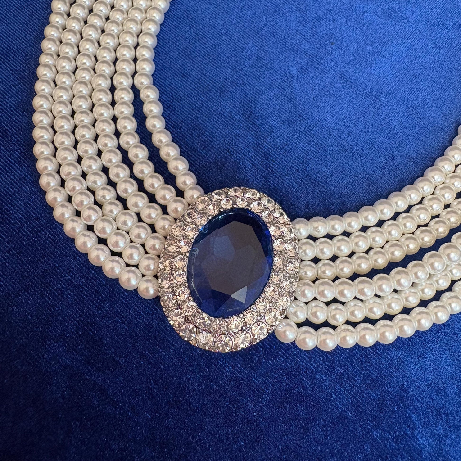 Something Blue Pearl Choker Luxury Cubic Zirconia Pearl Necklace 6 Strands Glass Pearl Choker Sapphire Royal Blue Event Prom Christmas Gift