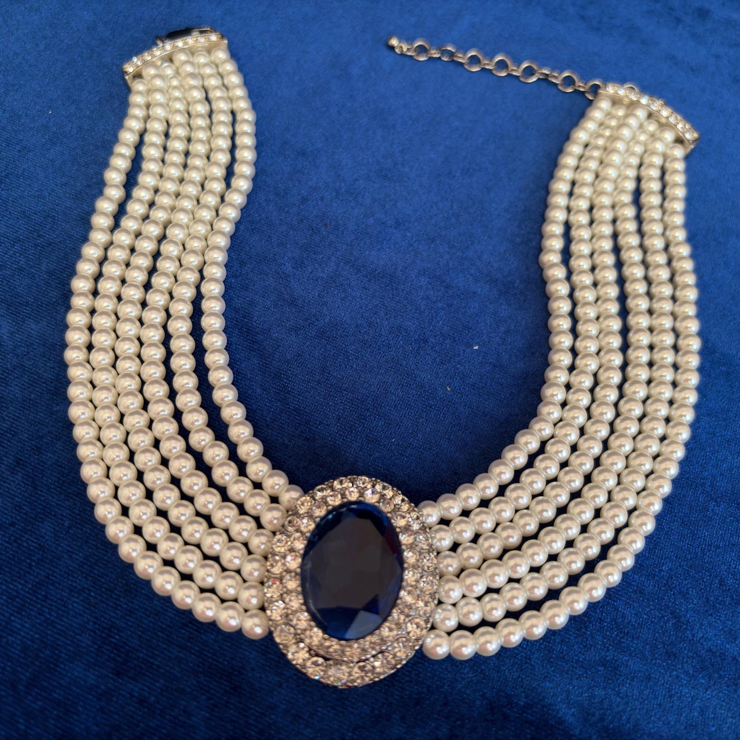 Something Blue Pearl Choker Luxury Cubic Zirconia Pearl Necklace 6 Strands Glass Pearl Choker Sapphire Royal Blue Event Prom Christmas Gift