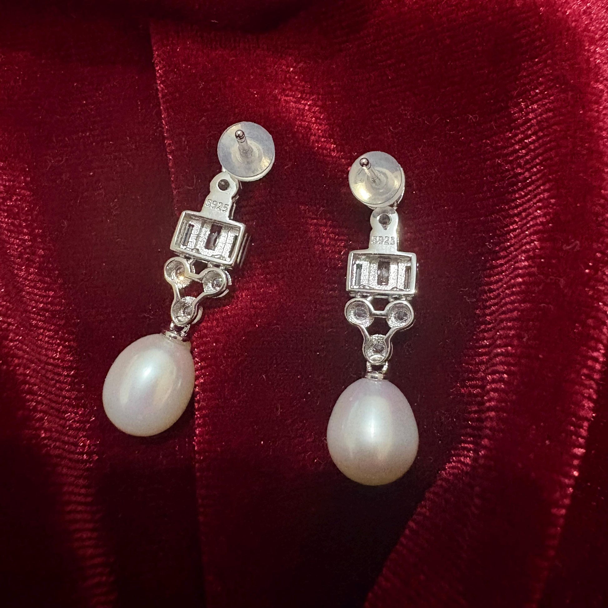 Dangle Teardrop Freshwater Pearl Earrings Cubic Zirconia 925 Sterling Silver Art Deco Geometric Wedding Earrings Bridal Studs Vintage Style