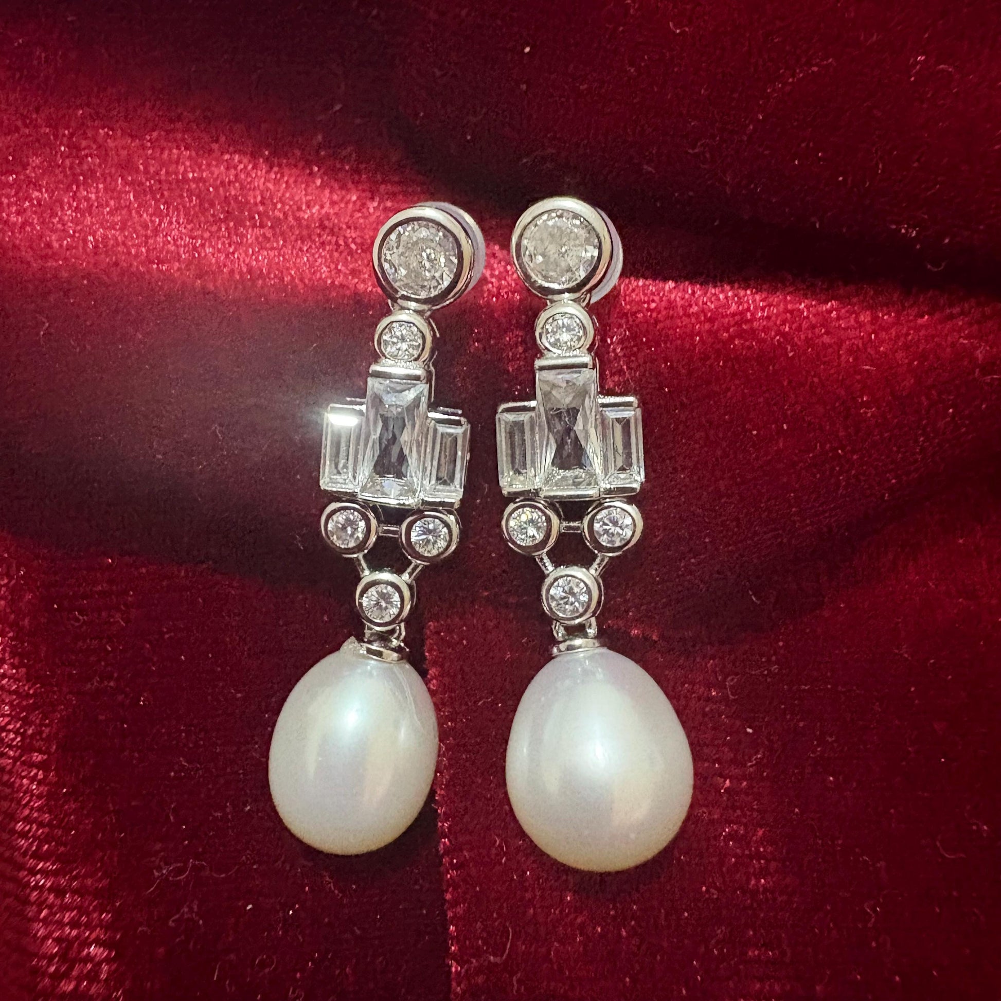 Dangle Teardrop Freshwater Pearl Earrings Cubic Zirconia 925 Sterling Silver Art Deco Geometric Wedding Earrings Bridal Studs Vintage Style