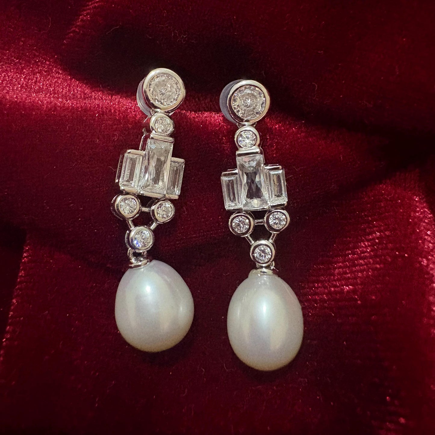 Dangle Teardrop Freshwater Pearl Earrings Cubic Zirconia 925 Sterling Silver Art Deco Geometric Wedding Earrings Bridal Studs Vintage Style