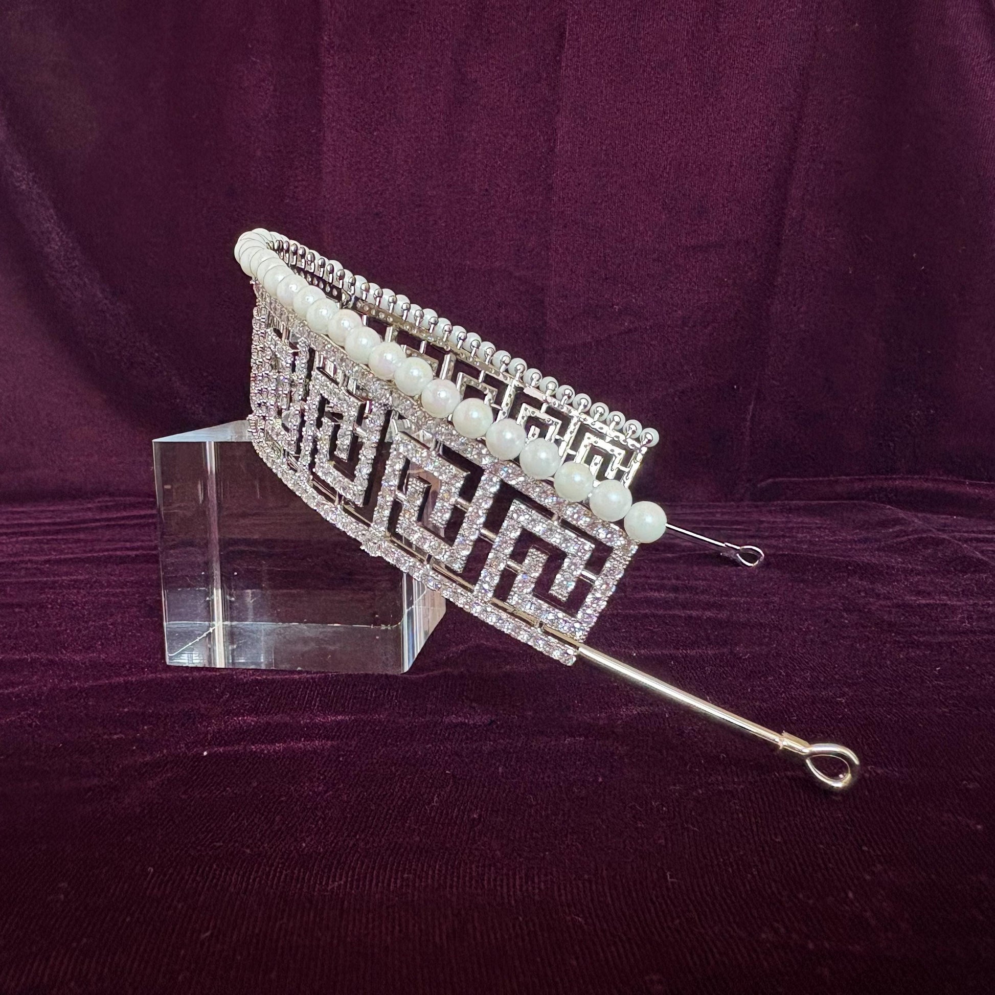 Pearl Art Deco Greek Bridal Tiara Geometrical Design Modern Wedding Crown Sparkling Headpiece Vintage Style Glamorous Tiara for Bride Prom