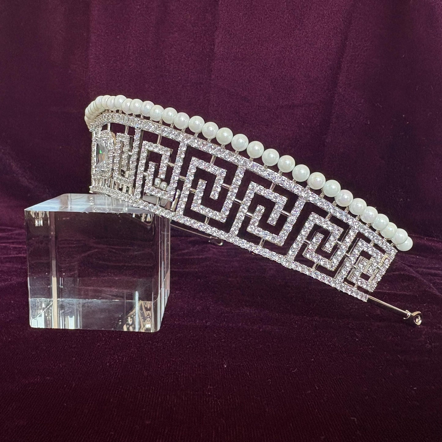 Pearl Art Deco Greek Bridal Tiara Geometrical Design Modern Wedding Crown Sparkling Headpiece Vintage Style Glamorous Tiara for Bride Prom