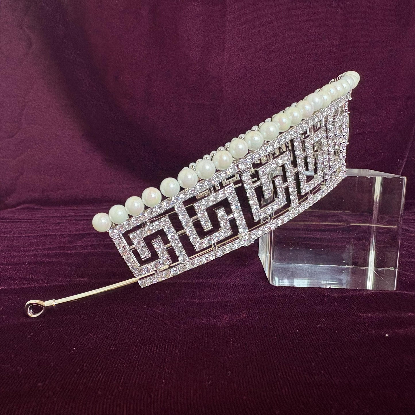 Pearl Art Deco Greek Bridal Tiara Geometrical Design Modern Wedding Crown Sparkling Headpiece Vintage Style Glamorous Tiara for Bride Prom