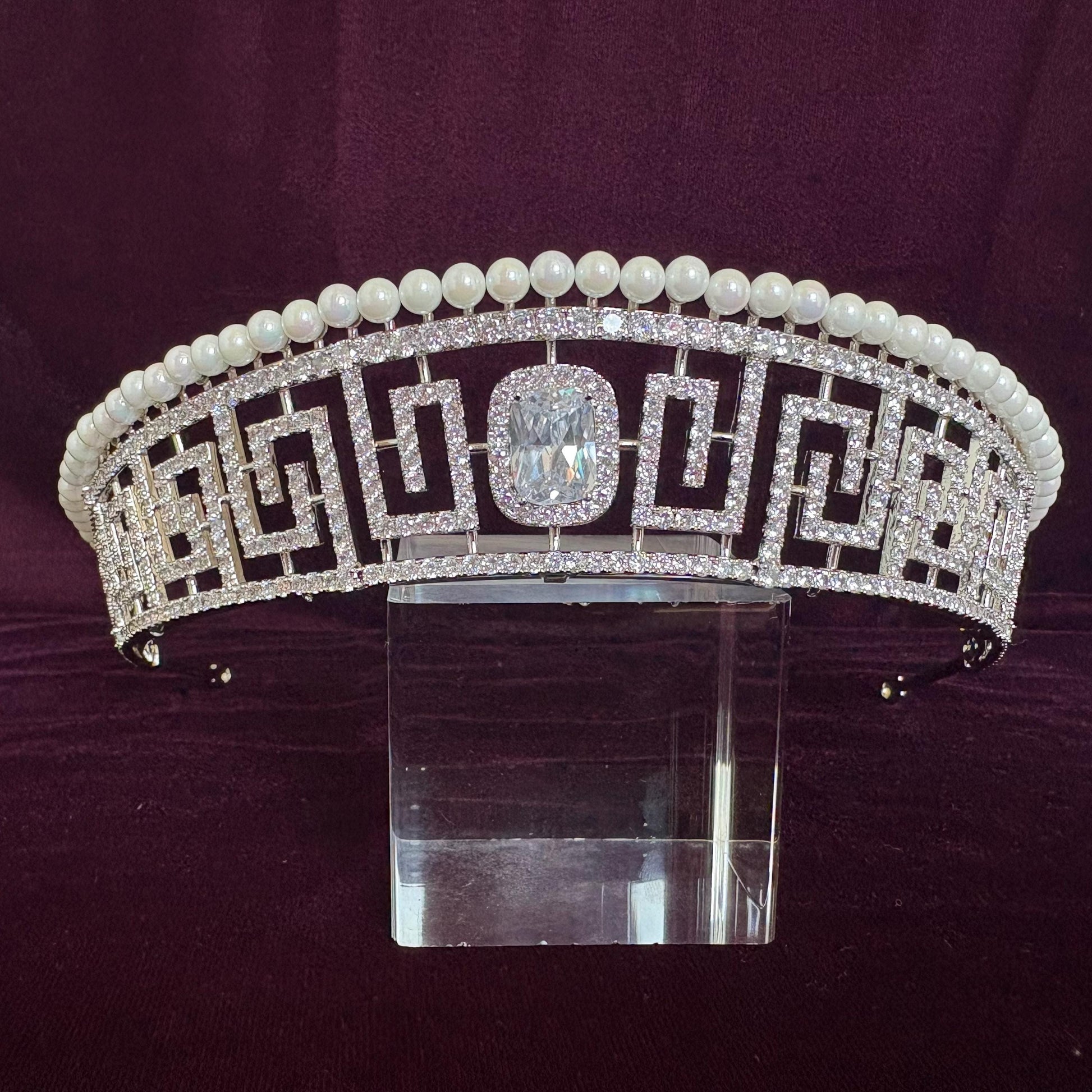 Pearl Art Deco Greek Bridal Tiara Geometrical Design Modern Wedding Crown Sparkling Headpiece Vintage Style Glamorous Tiara for Bride Prom