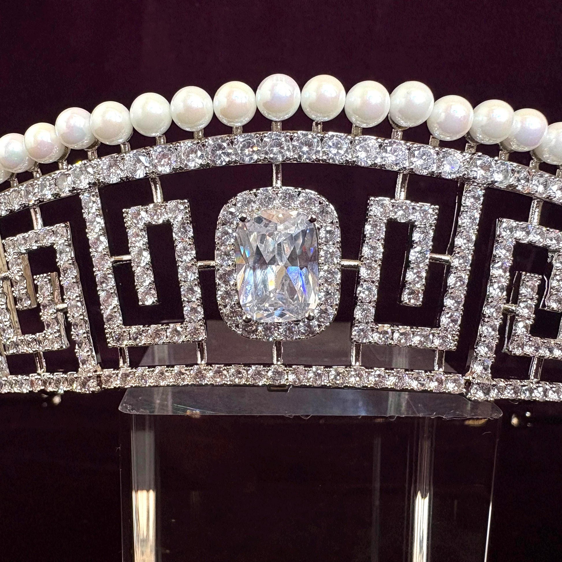 Pearl Art Deco Greek Bridal Tiara Geometrical Design Modern Wedding Crown Sparkling Headpiece Vintage Style Glamorous Tiara for Bride Prom