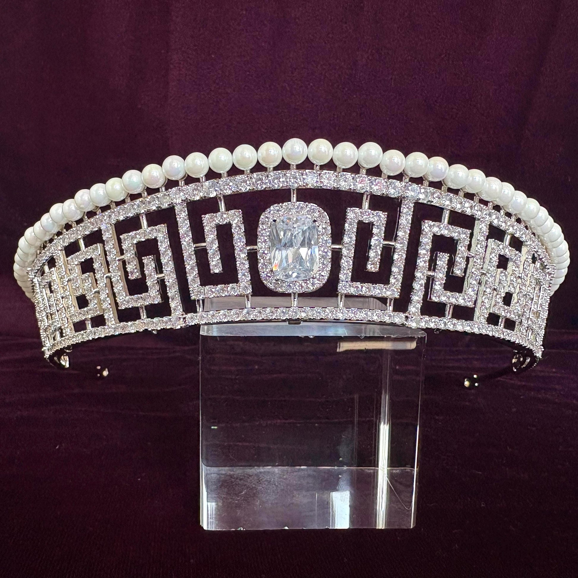 Pearl Art Deco Greek Bridal Tiara Geometrical Design Modern Wedding Crown Sparkling Headpiece Vintage Style Glamorous Tiara for Bride Prom