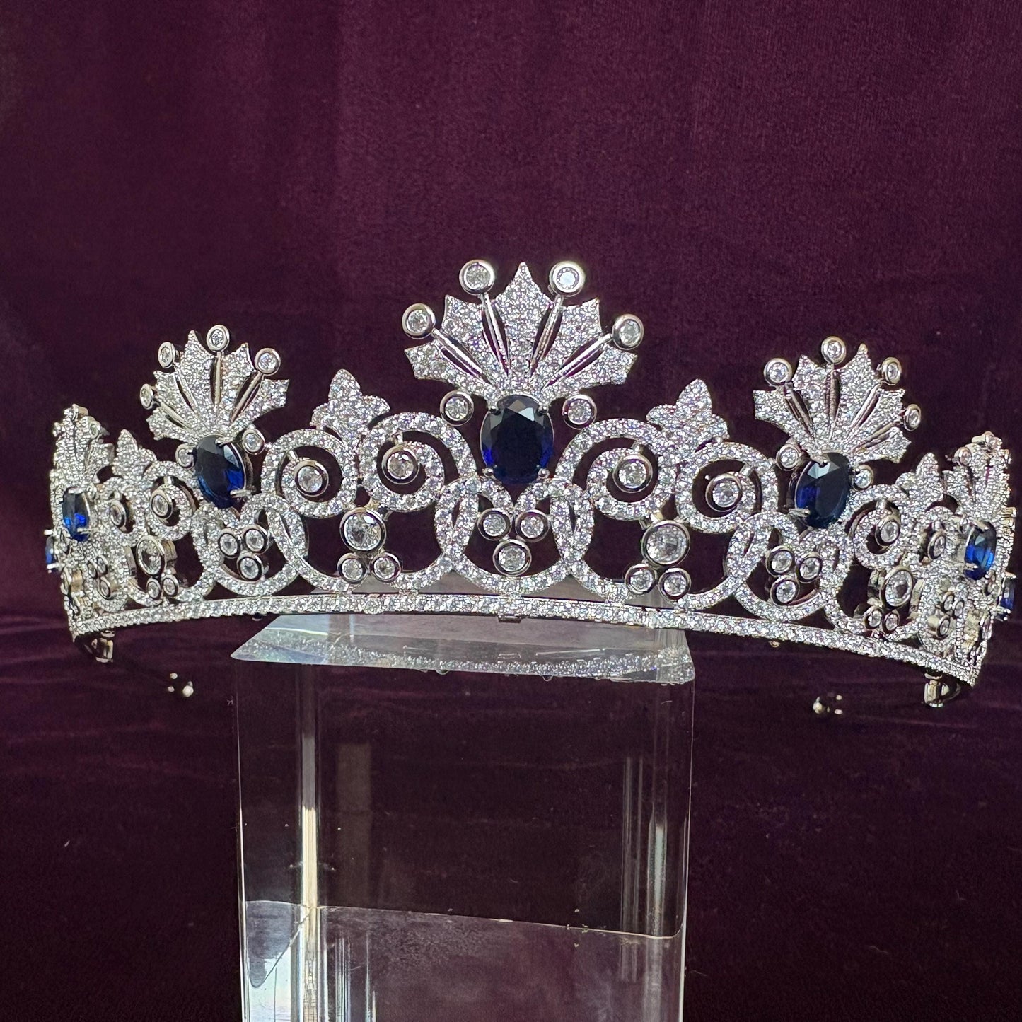 Something Blue Bridal Crown Navy Royal Blue Gem Sapphire Color Silver Wedding Tiara Elegant Luxe Headpiece for Bride Princess Diadem