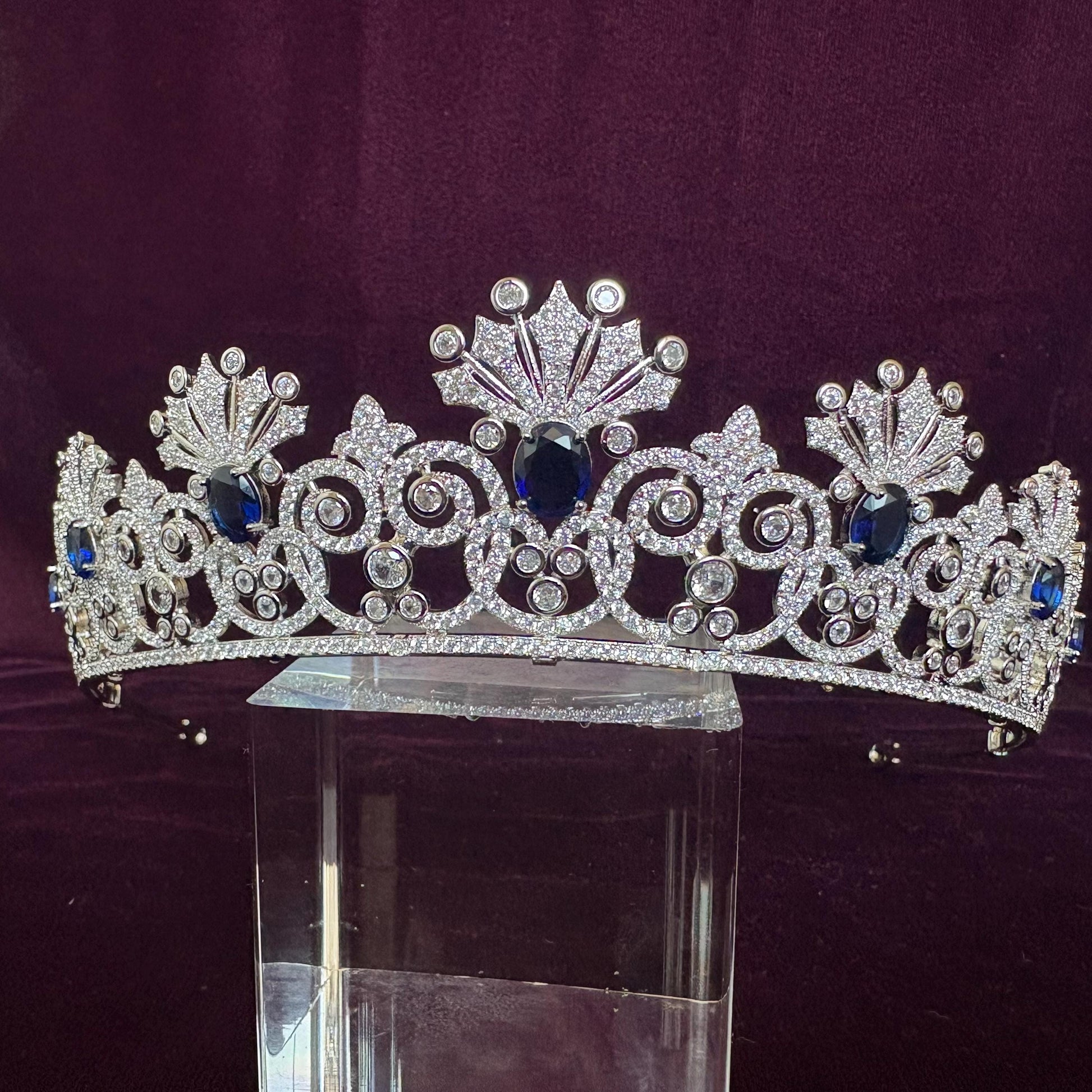 Something Blue Bridal Crown Navy Royal Blue Gem Sapphire Color Silver Wedding Tiara Elegant Luxe Headpiece for Bride Princess Diadem