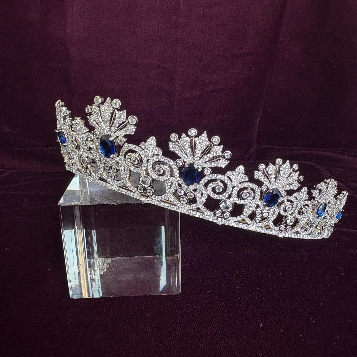 Something Blue Bridal Crown Navy Royal Blue Gem Sapphire Color Silver Wedding Tiara Elegant Luxe Headpiece for Bride Princess Diadem