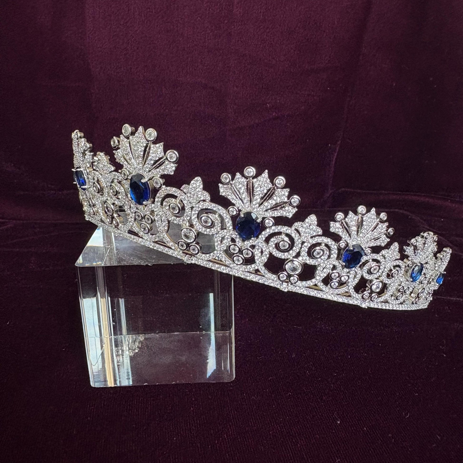 Something Blue Bridal Crown Navy Royal Blue Gem Sapphire Color Silver Wedding Tiara Elegant Luxe Headpiece for Bride Princess Diadem