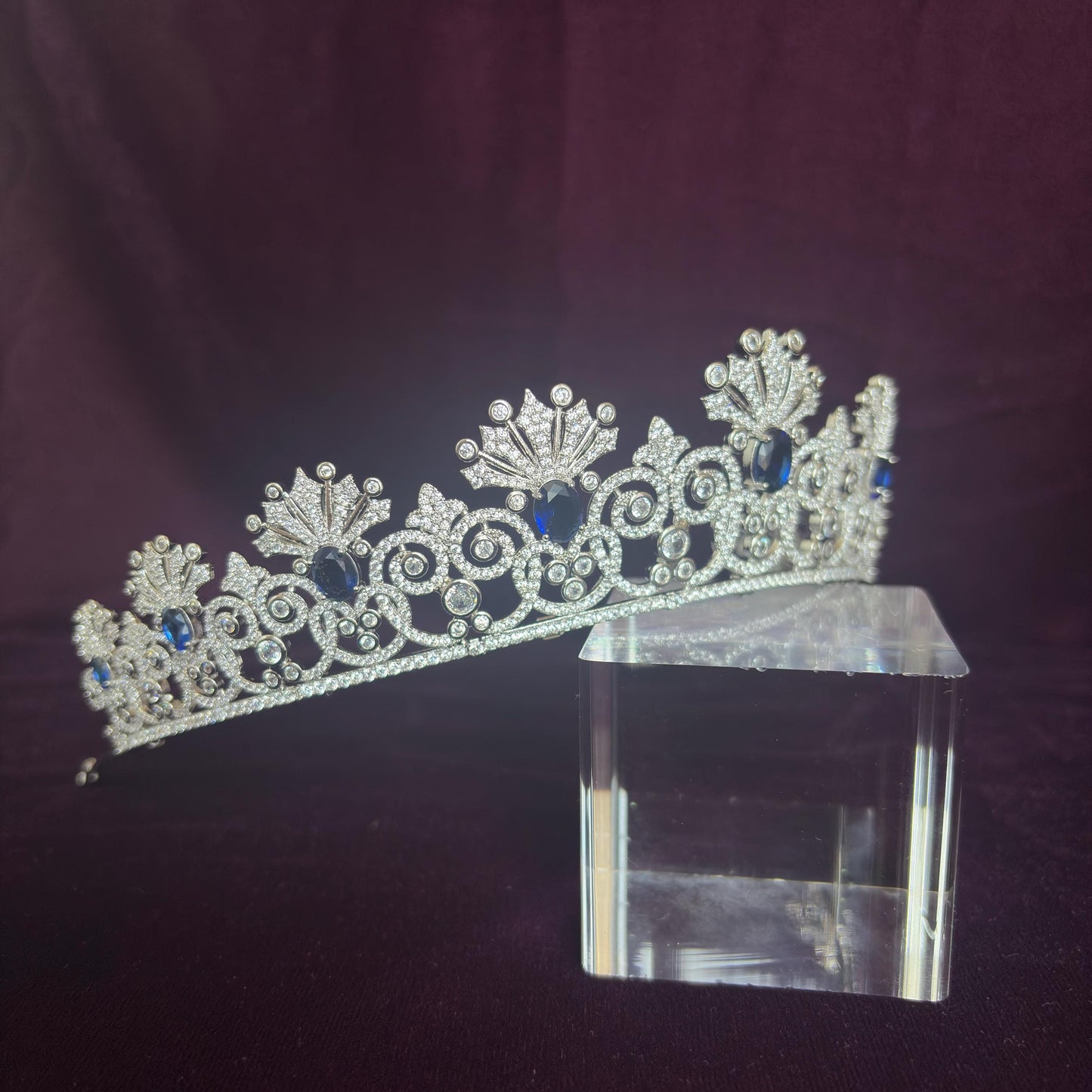 Something Blue Bridal Crown Navy Royal Blue Gem Sapphire Color Silver Wedding Tiara Elegant Luxe Headpiece for Bride Princess Diadem