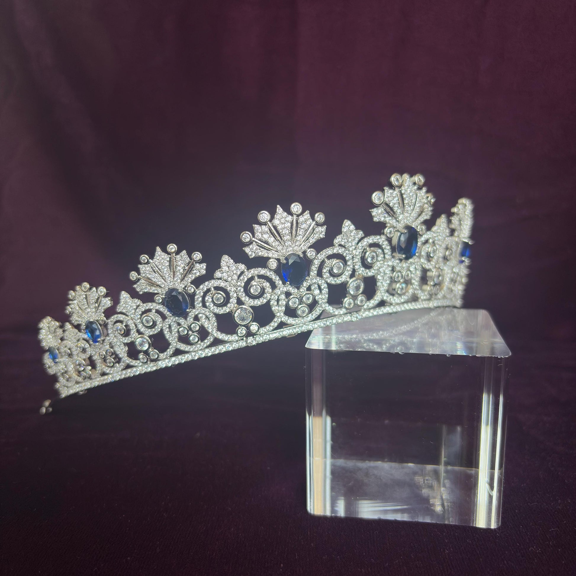 Something Blue Bridal Crown Navy Royal Blue Gem Sapphire Color Silver Wedding Tiara Elegant Luxe Headpiece for Bride Princess Diadem