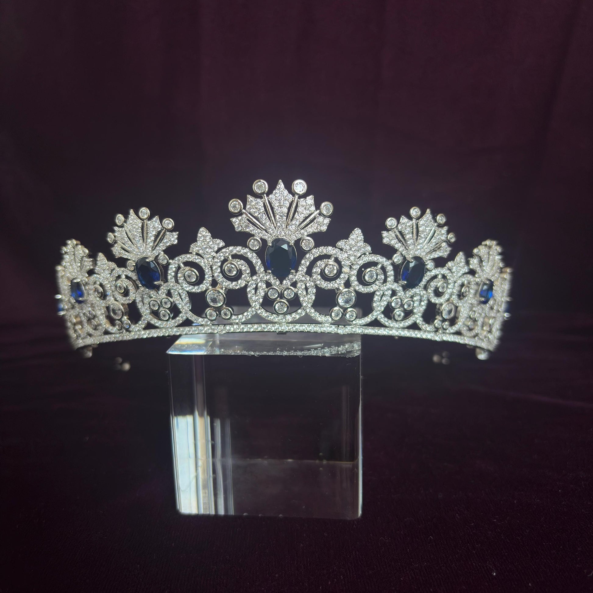 Something Blue Bridal Crown Navy Royal Blue Gem Sapphire Color Silver Wedding Tiara Elegant Luxe Headpiece for Bride Princess Diadem