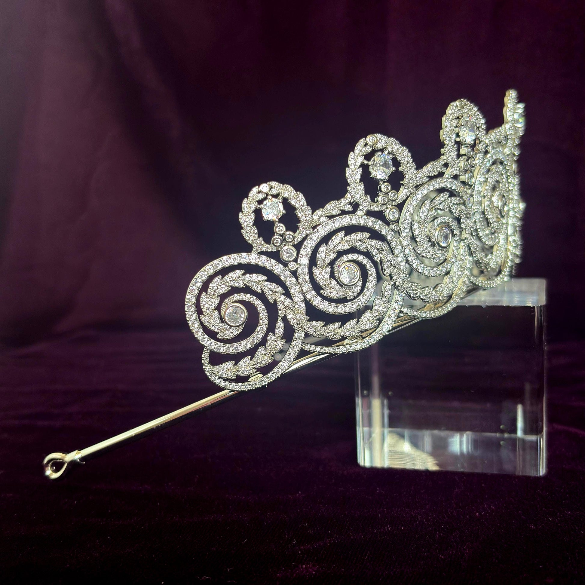 Art Nouveau Glamorous Silver Filigre Swirl Sprial Wedding Tiara for Bridal or Pageant Cubic Zirconia Handmade Regal Crown