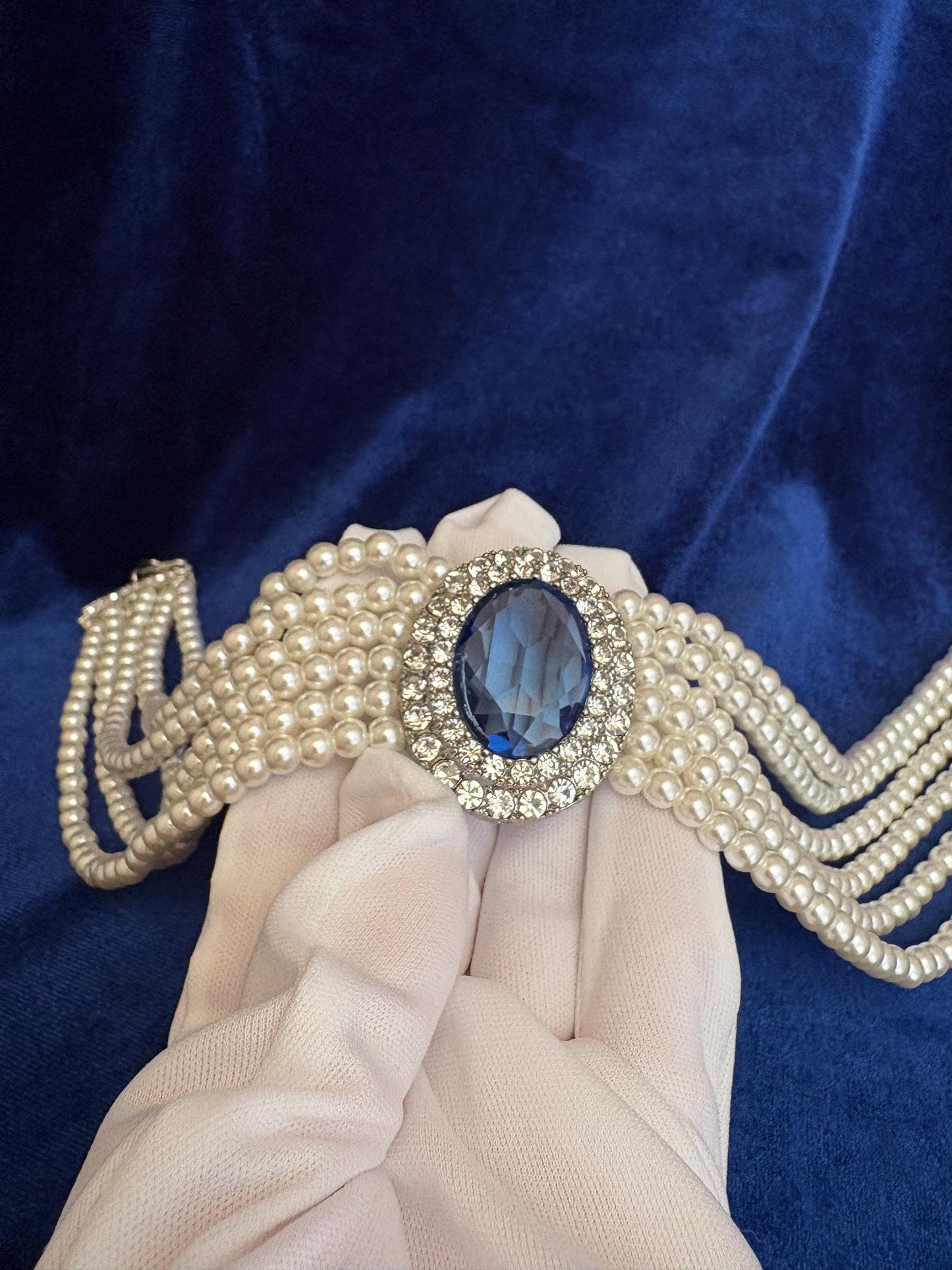 Something Blue Wedding Choker Cubic Zirconia Pearl Necklace 6 Strands Glass Pearl Choker Sapphire Royal Blue Event Prom Christmas Gift Jewel