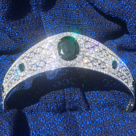 Ultra Reflective Premium Fire AAAAA+ Simulated Diamond CZ Luxury Wedding Crown Green Emerald Bridal Tiara Art Deco Royal Classical Headpiece