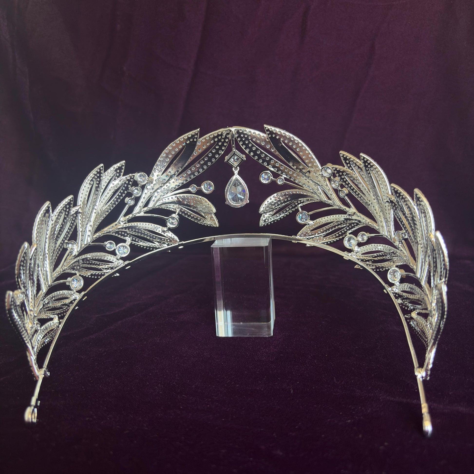 Laurel Leaf Greek Goddess Wedding Crown Olympian Mythology Design Ethereal Bridal Tiara Divine Style Drop Diamond Silver Headpiece
