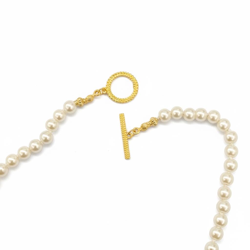 Hand Knotted 24K Gold Plated While Pearl Necklace One Single Strand Luxury T-Closure 100% Mulbery Silk Thread Glass Immation White Pearls