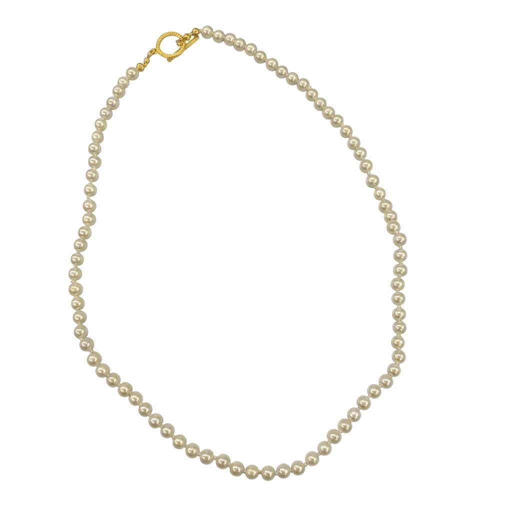 Hand Knotted 24K Gold Plated While Pearl Necklace One Single Strand Luxury T-Closure 100% Mulbery Silk Thread Glass Immation White Pearls