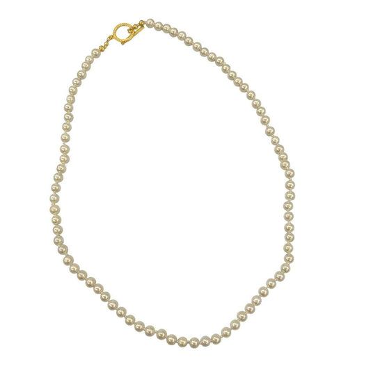 Single Strand Pearl Necklace Hand Knotted White Glass Pearl One Row Luxury 24K Gold Plated T-Closure 100% Mulbery Silk Thread