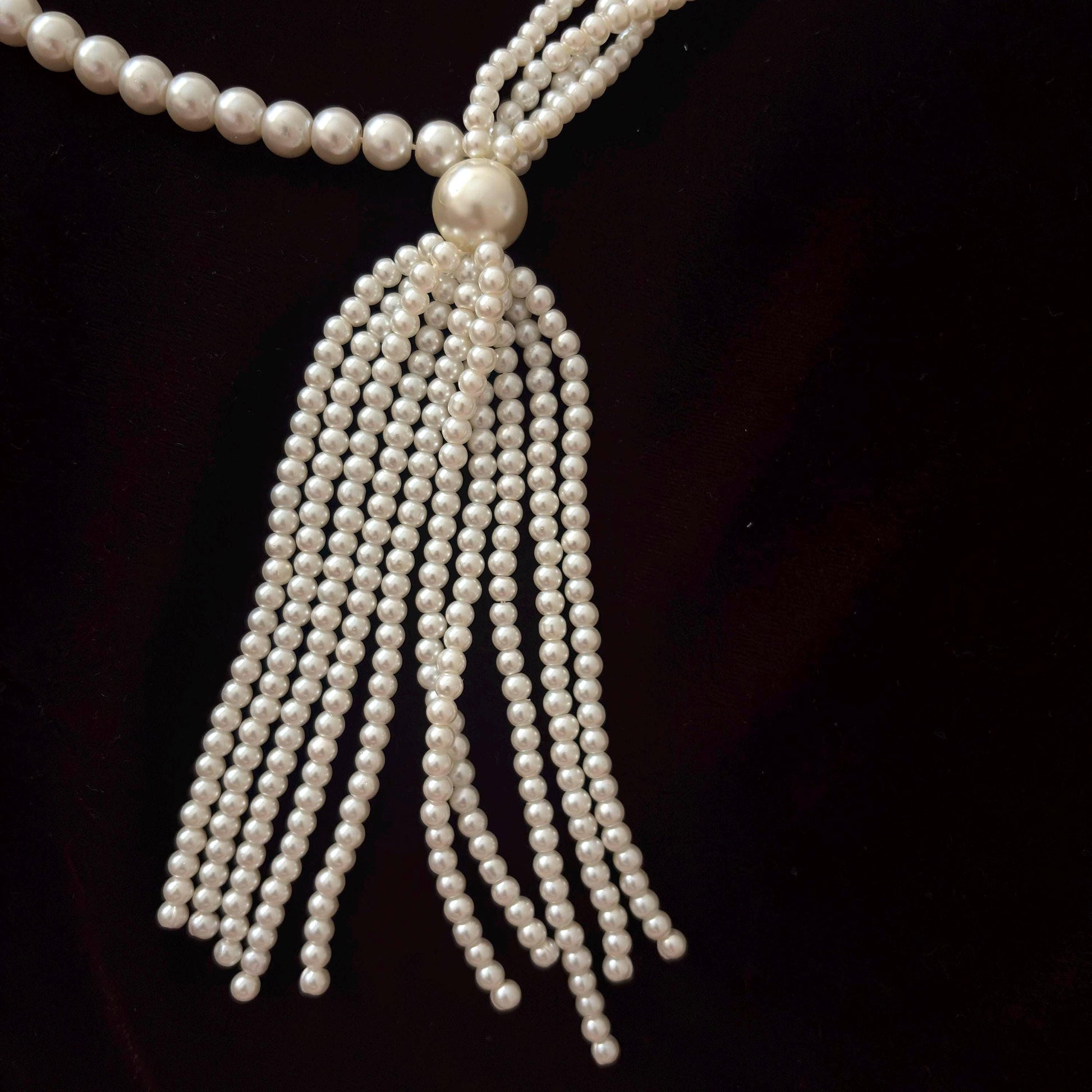 Art Deco Long Pearl Necklace Vintage Inspired Old Glam with Tassel Royal Court Style Gold Plated Clasp White Glass Pearls