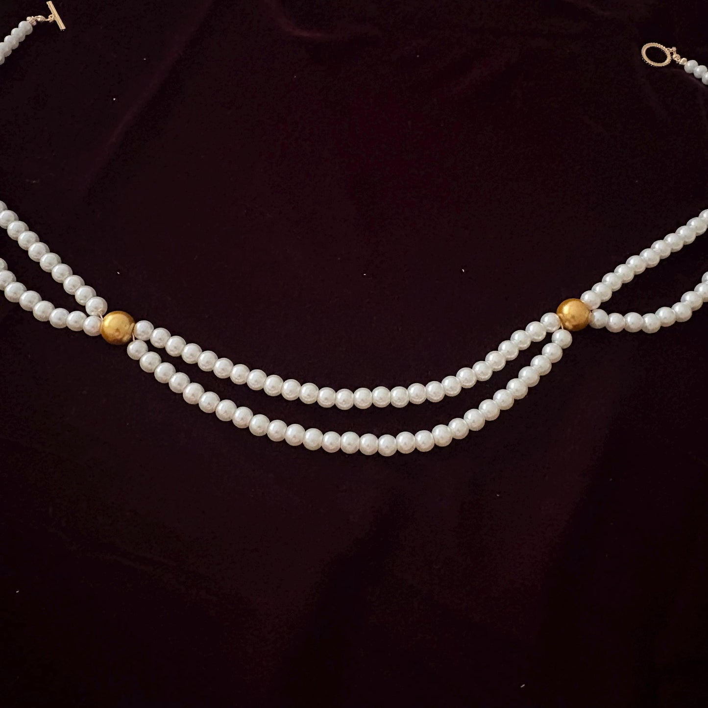 Double Strand Pearl Necklace wth Gold Beads 24K Gold Plated T-Clasp Luxury White Glass Pearls Necklace Vintage Style Two Toned Necklace