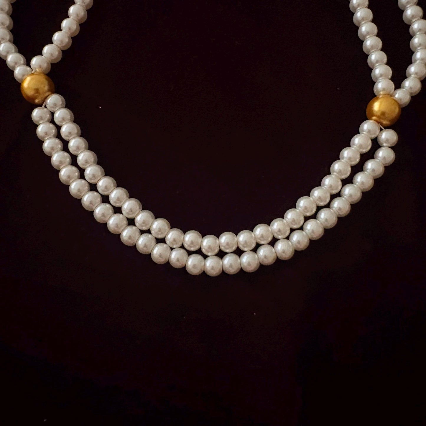 Double Strand Pearl Necklace wth Gold Beads 24K Gold Plated T-Clasp Luxury White Glass Pearls Necklace Vintage Style Two Toned Necklace