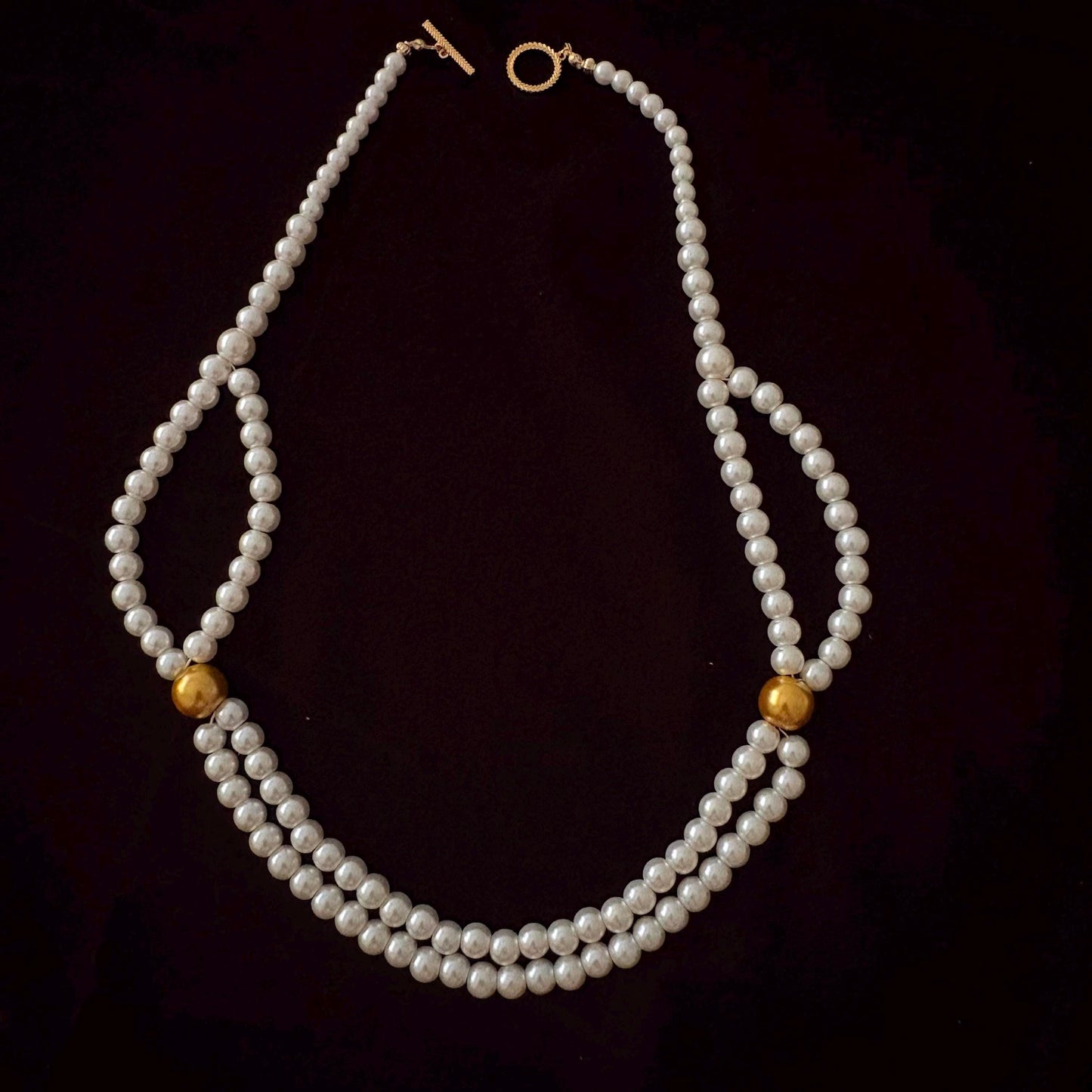 Double Strand Pearl Necklace wth Gold Beads 24K Gold Plated T-Clasp Luxury White Glass Pearls Necklace Vintage Style Two Toned Necklace