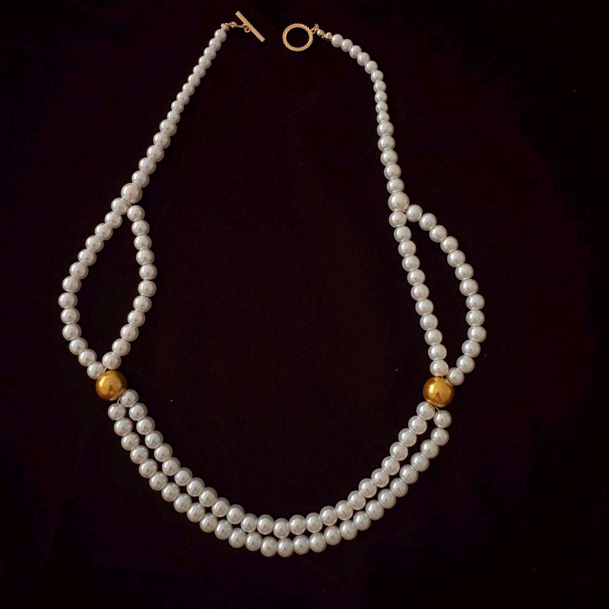 Double Strand Pearl Necklace wth Gold Beads 24K Gold Plated T-Clasp Luxury White Glass Pearls Necklace Vintage Style Two Toned Necklace