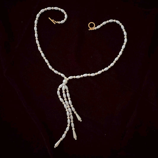 Glass Pearl Necklace with Tassel Elegant Y Shape Long Necklace Vintage Style