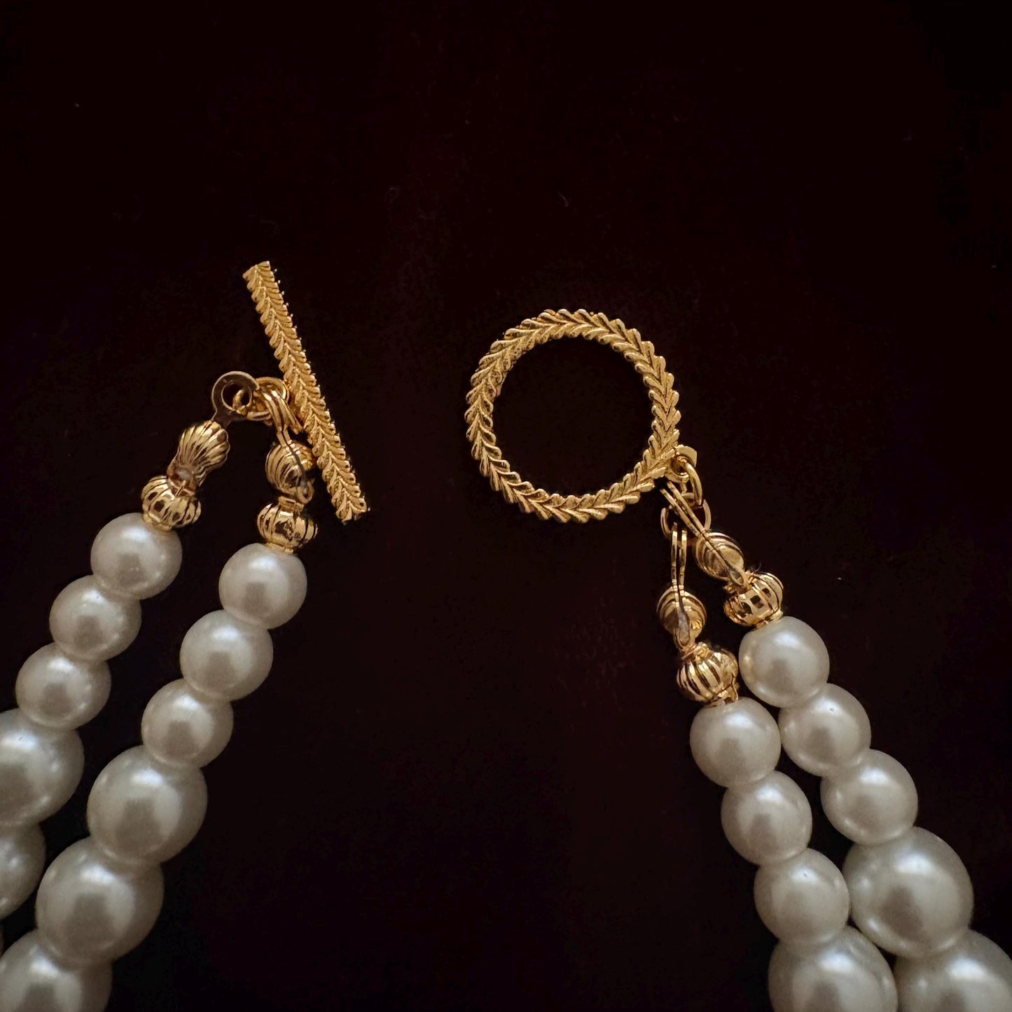 Double Layer Two Strand White & Gold Glass Pearl Long Necklace Gold Plated Clasp Y Style Tassel