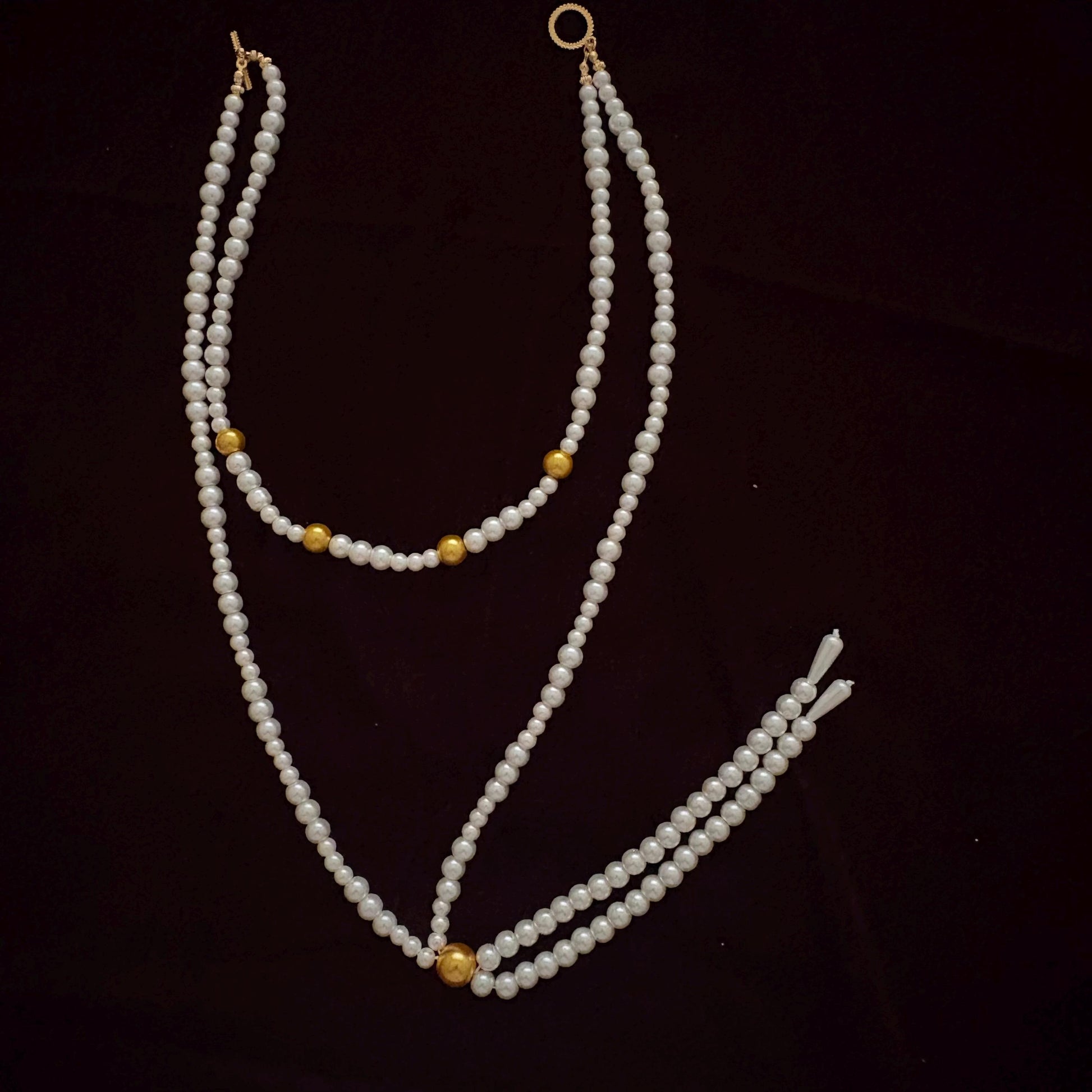 Y Style Double Layer Two Strand White & Gold Glass Pearl Long Necklace Handmade Artisan Jewelry