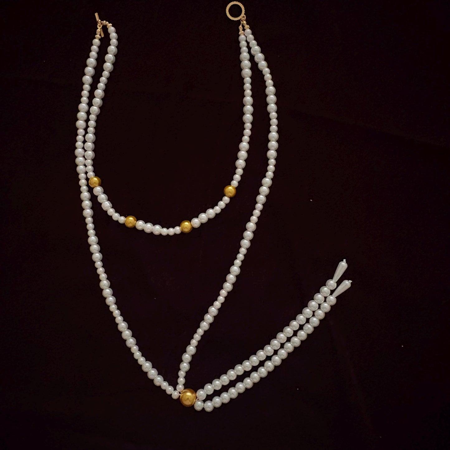 Double Layer Two Strand White & Gold Glass Pearl Long Necklace Gold Plated Clasp Y Style Tassel