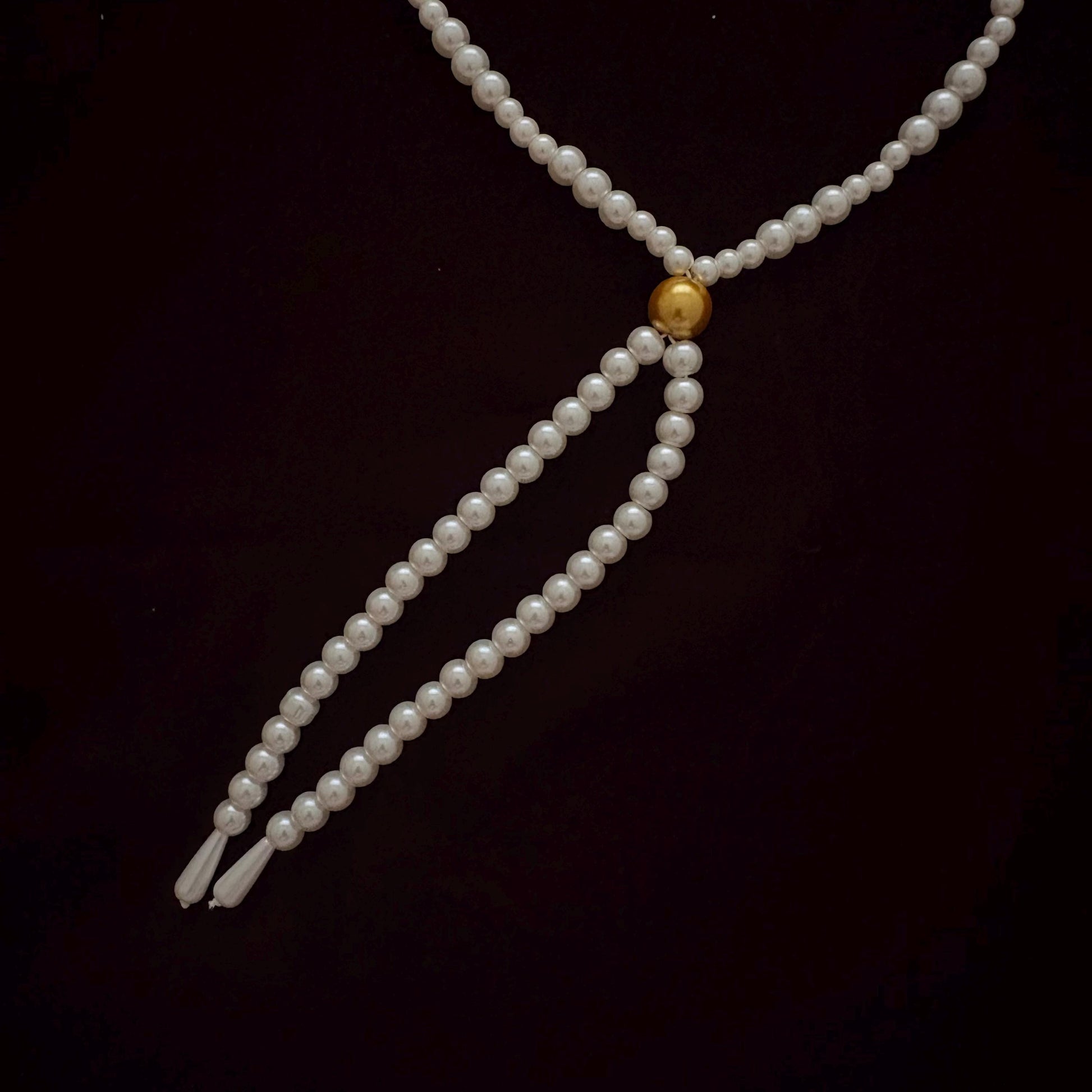 Double Layer Two Strand White & Gold Glass Pearl Long Necklace Gold Plated Clasp Y Style Tassel