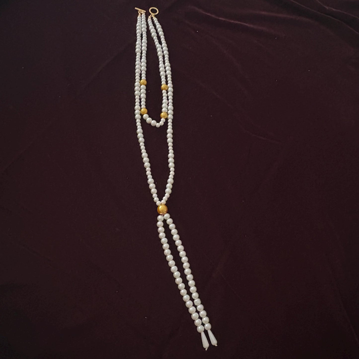 Double Layer Two Strand White & Gold Glass Pearl Long Necklace Gold Plated Clasp Y Style Tassel