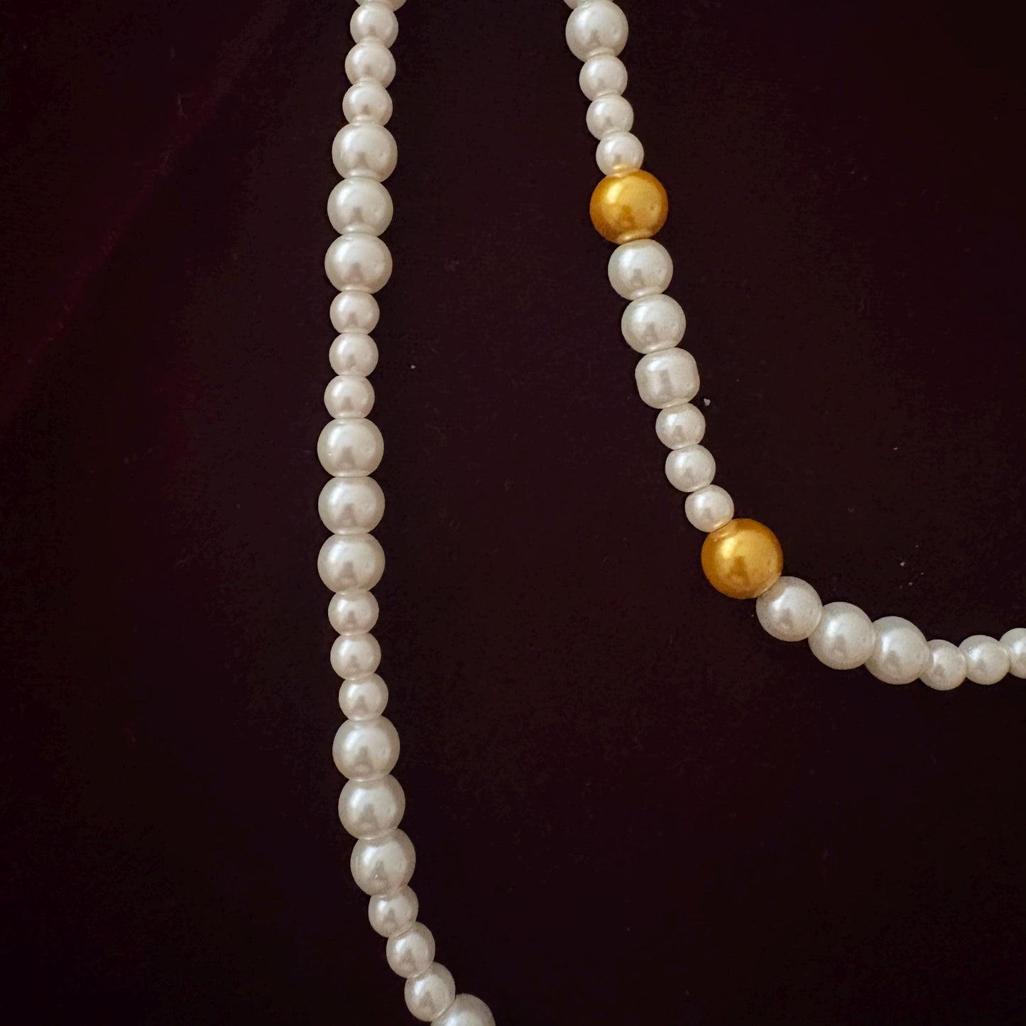 Y Style Double Layer Two Strand White & Gold Glass Pearl Long Necklace Handmade Artisan Jewelry