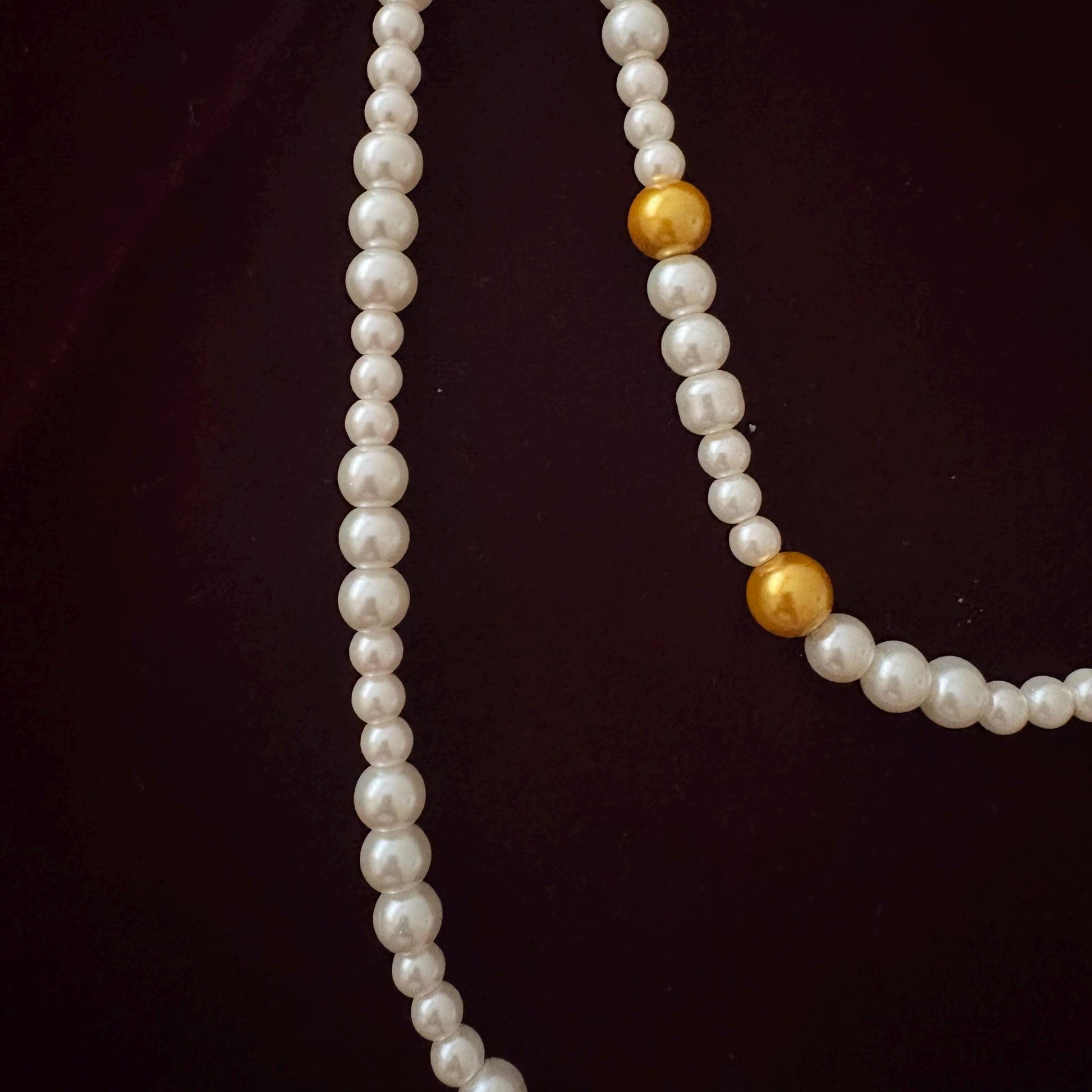 Double Layer Two Strand White & Gold Glass Pearl Long Necklace Gold Plated Clasp Y Style Tassel
