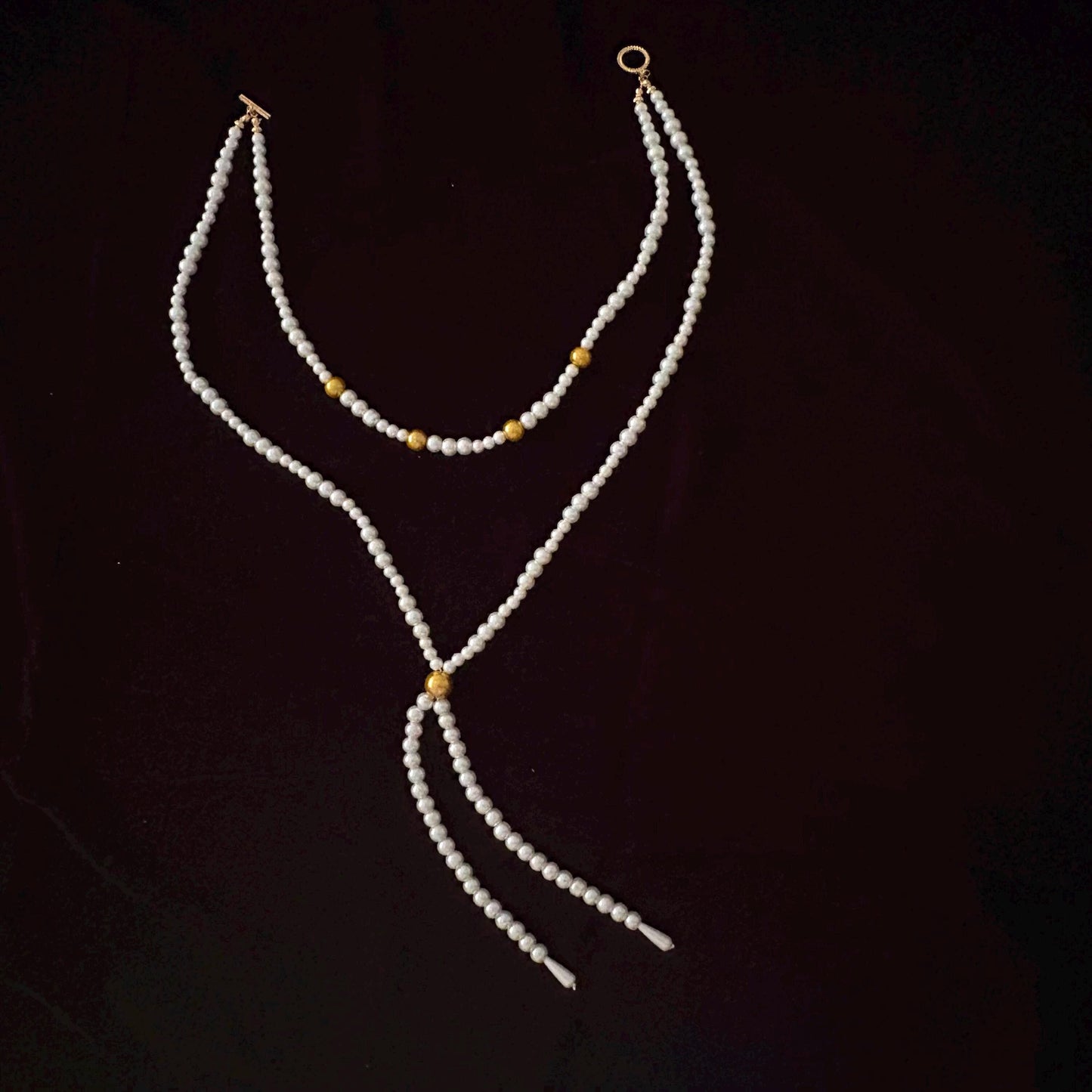 Y Style Double Layer Two Strand White & Gold Glass Pearl Long Necklace Handmade Artisan Jewelry