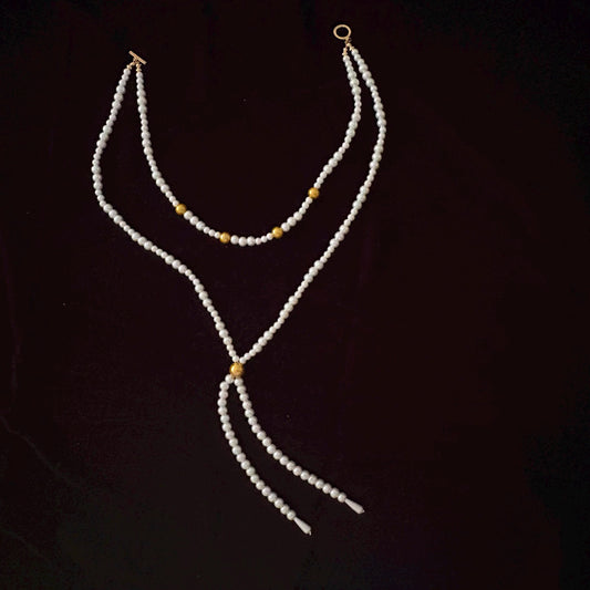 Y Style Double Layer Two Strand White & Gold Glass Pearl Long Necklace Handmade Artisan Jewelry