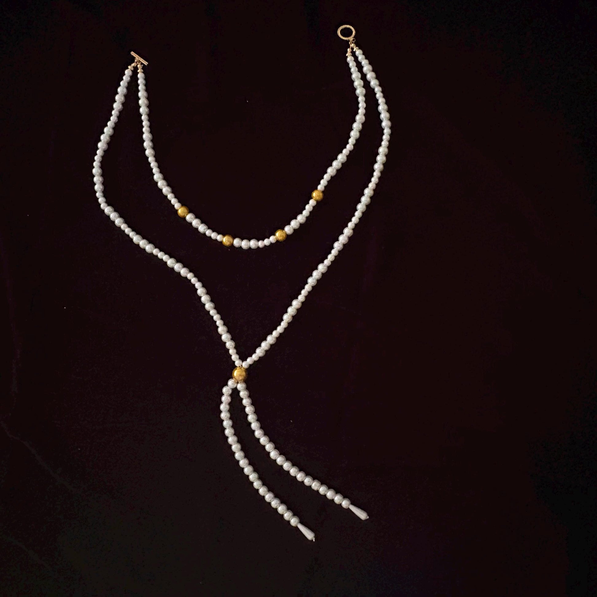 Double Layer Two Strand White & Gold Glass Pearl Long Necklace Gold Plated Clasp Y Style Tassel