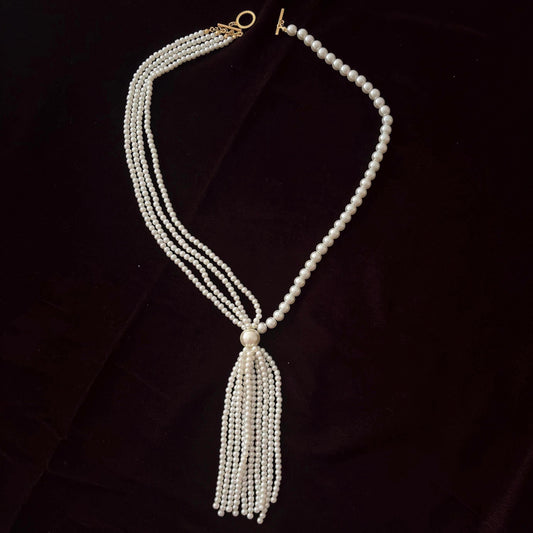 Art Deco Long Pearl Necklace Vintage Inspired Old Glam with Tassel Royal Court Style Gold Plated Clasp White Glass Pearls