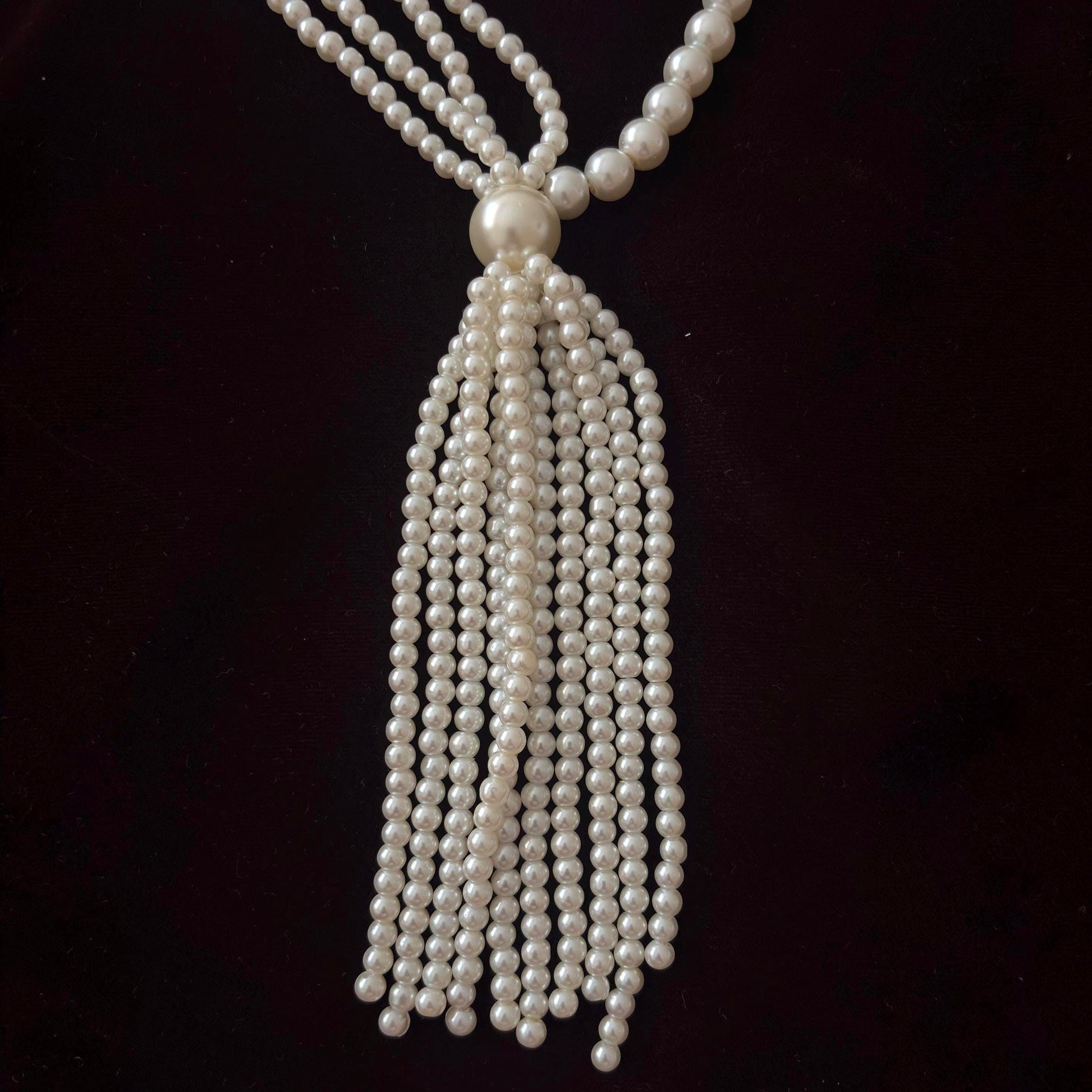 Art Deco Long Pearl Necklace Vintage Inspired Old Glam with Tassel Royal Court Style Gold Plated Clasp White Glass Pearls