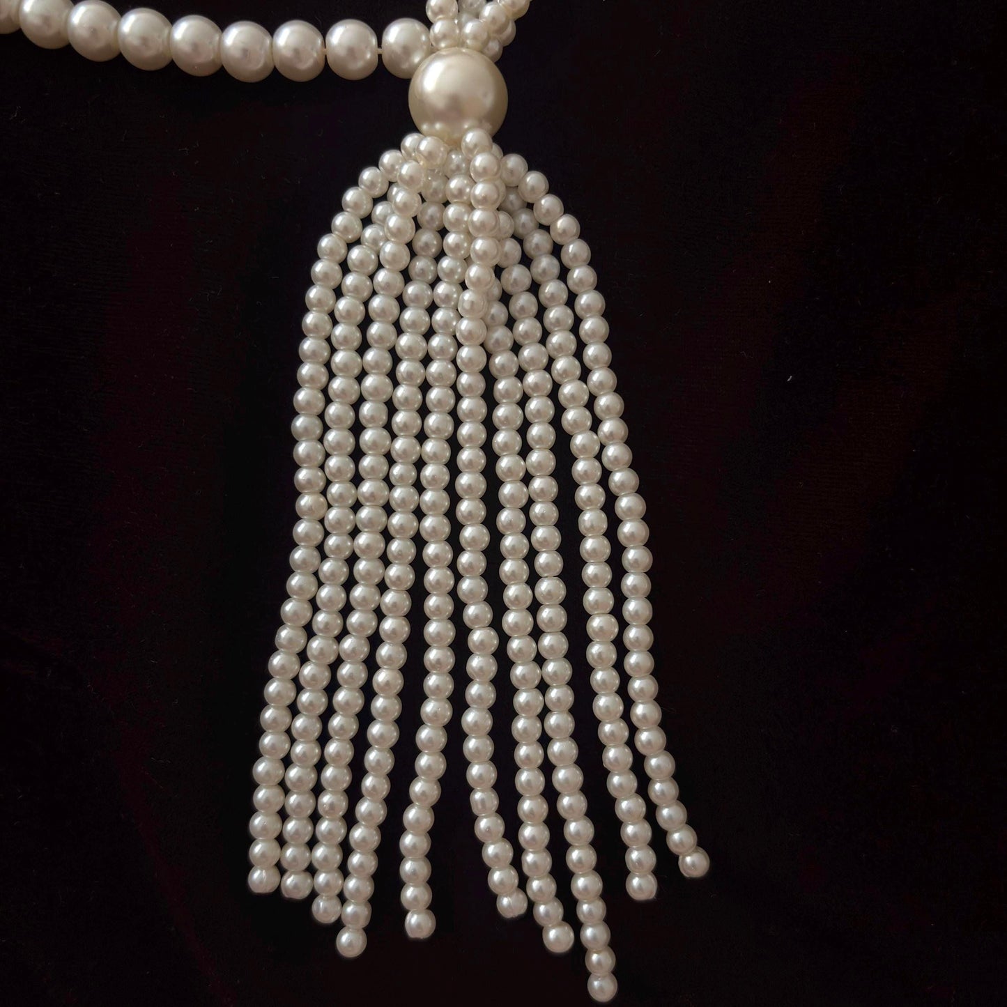 Art Deco Long Pearl Necklace Vintage Inspired Old Glam with Tassel Royal Court Style Gold Plated Clasp White Glass Pearls