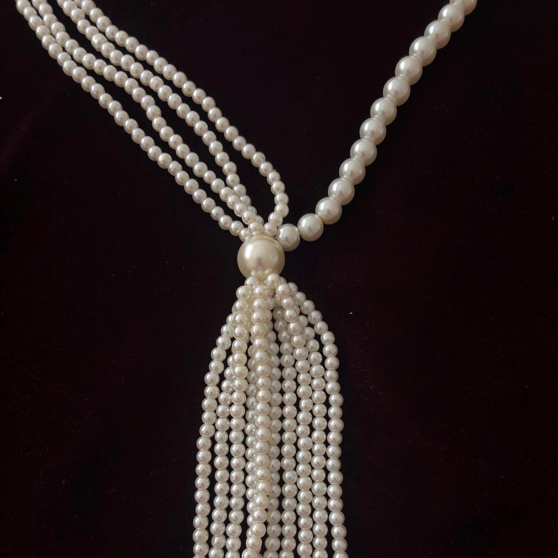Art Deco Long Pearl Necklace Vintage Inspired Old Glam with Tassel Royal Court Style Gold Plated Clasp White Glass Pearls